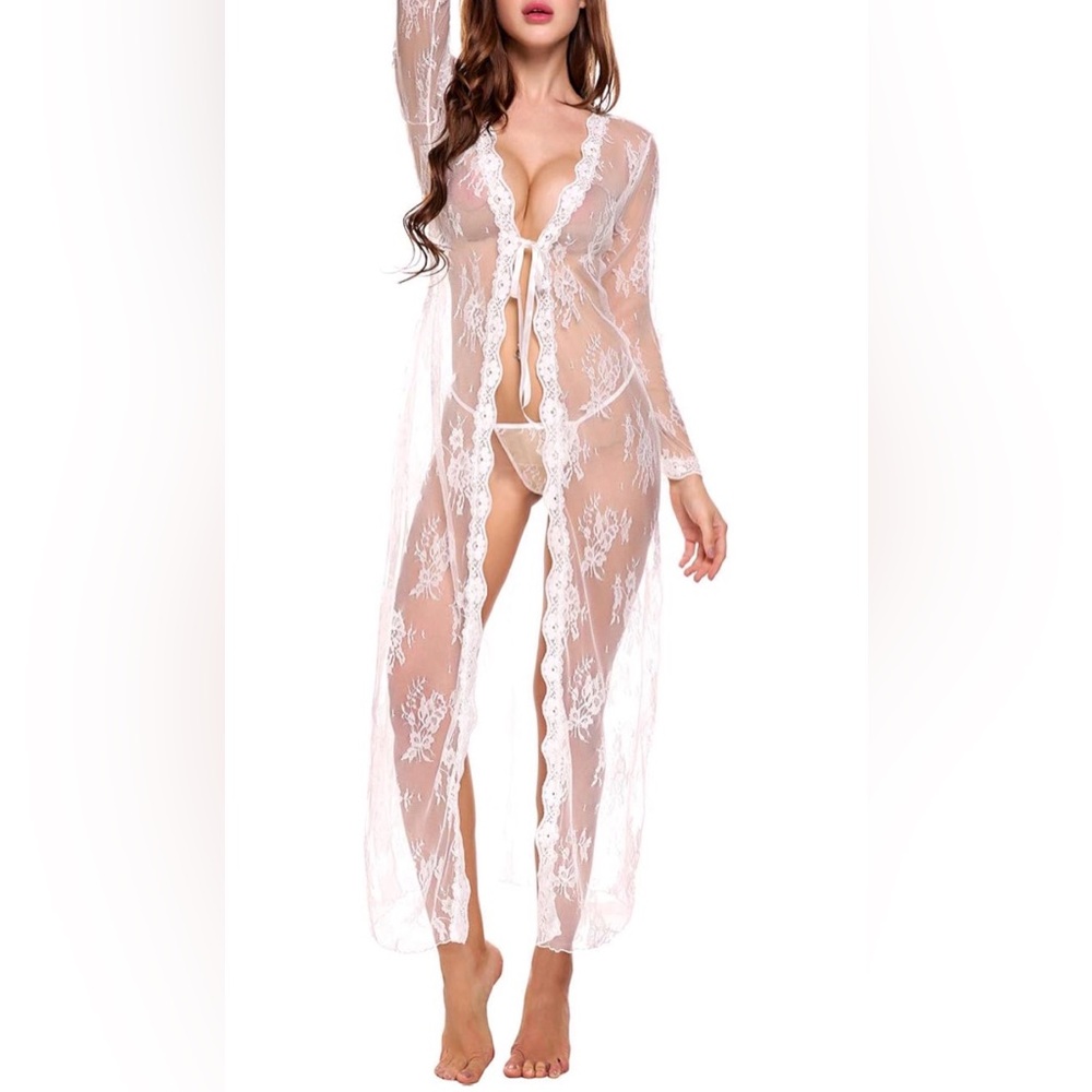 White Sheer Floral Lace Long Robe – Bridal & Boudoir Style – Size XL